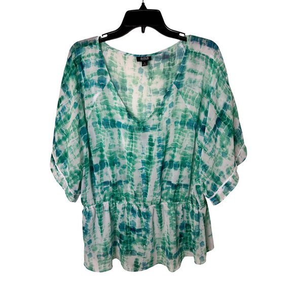 A.N.A Tie-Dye Green & White V-Neck Peasant Top XL Beach Summer Travel Ready - Picture 1 of 5